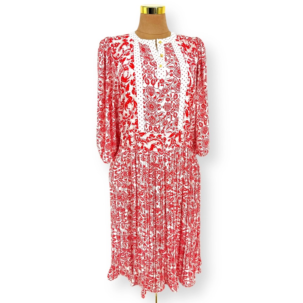 VTG 90s Diane‎ Freis Georgette Maxi Dress L Dragon Mixed Print Coral Red